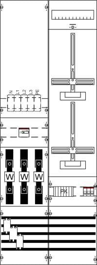 Technische Zeichnung eines Schaltplans mit verschiedenen Symbolen und Beschriftungen, darunter Messgeräte und Schalter.