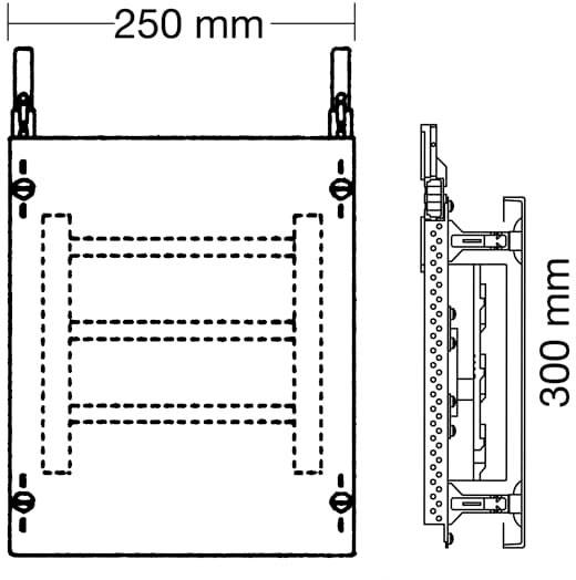 Technische Zeichnung einer rechteckigen Halterung mit den Maßen 250 mm x 300 mm, Draufsicht links, Seitenansicht rechts.