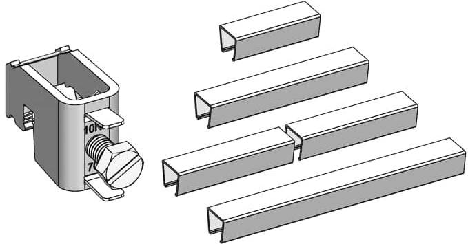 Verbindungsstück mit Schraube und vier separate Metallschienen in verschiedenen Längen, wahrscheinlich für eine Montageanwendung.
