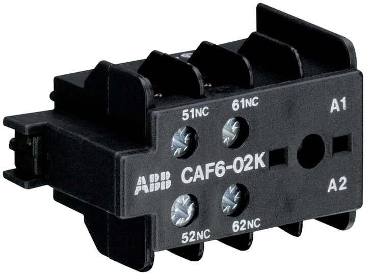 Schwarzes ABB CAF6-02K Relaismodul mit Anschlussklemmen A1, A2, 51NC, 61NC, 52NC, 62NC.
