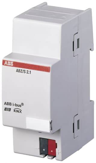 Ein graues Gebäudeautomationsmodul mit der Aufschrift 'ABB i-bus', 'EIB', 'KNX', und 'ABZ/S 2.1', zur Steuerung von Elektroinstallationen.