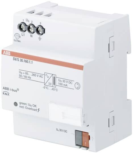 Ein KNX-Spannungsversorgungseinheit von ABB mit mehreren Anschlüssen und einem roten Schalter, für die Hutschienenmontage geeignet.