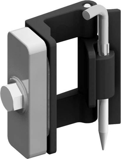 'Modulares Verriegelungssystem' mit Metall-Klammern, Schraube und Stift. Hauptbestandteil für industrielle oder mechanische Anwendungen.