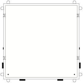 Technische Zeichnung eines quadratischen Bauteils mit Befestigungselementen an den Seiten.