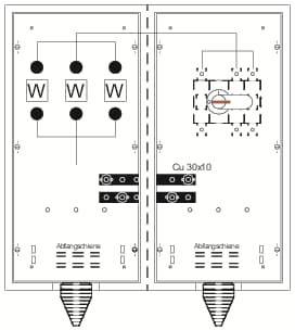 Elektrischer Schaltplan mit zwei Paneelen, zusammen verbundene Kreise, Rechtecke und Beschriftungen 'W', 'Ce', 'Qu 30xd0'.