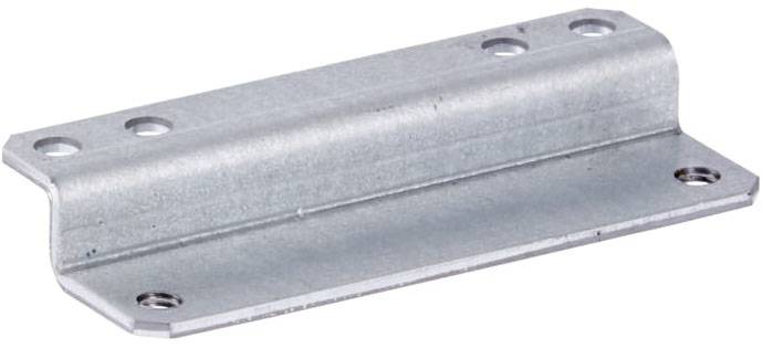Metall-Winkelbeschlag mit vier Befestigungslöchern, geeignet für Konstruktionen oder Montagen. Hellgraue Oberfläche, robust und belastbar.