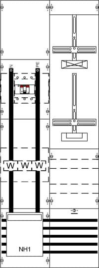 Ein technisches Diagramm eines elektrischen Schaltschranks: zeigt Schaltkreise, Verbindungen und Beschriftung 'NH1'.