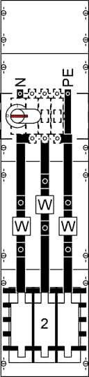 Elektroschaltplan zeigt eine Hauptverteilung mit Schaltelementen, inklusive PE- und N-Leitern. Nummer '2' kennzeichnet einen Bereich.