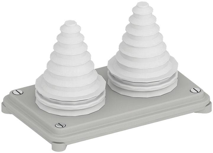Zwei kegelförmige, spiralförmige Isolatoren auf einer rechteckigen Basis. Die Isolatoren sind weiß und die Basis ist grau.