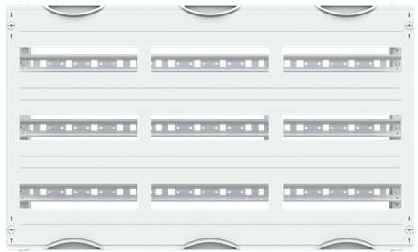 Weißer elektrischer Sicherungskasten mit mehreren horizontalen Schienen für Sicherungsgeräte.