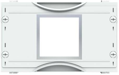 Ein rechteckiger, grauer Lichtschalterrahmen mit zentralem, leeren Quadrat. Geeignet für die Montage von Standard-Lichtschaltern.