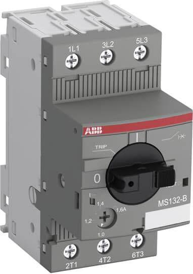Ein Motorschutzschalter der Marke ABB mit Drehschalter zur Einstellung des Schutzes. Modellnummer MS132, geeignet für elektrische Anwendungen.