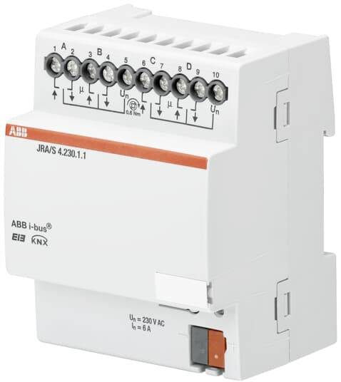 Ein KNX-Jalousieaktor der Marke ABB mit zehn Anschlussklemmen und Beschreibungen über den Anschlüssen, zur Steuerung von elektrischen Jalousien.