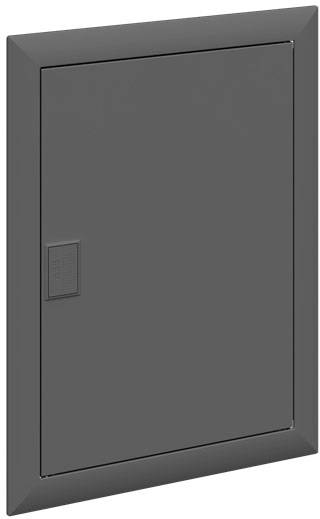 Graue Metalltür oder Zugangsklappe, rechteckig mit leicht erhabener Grifffläche links, zum Verbergen von Installationen oder als Revisionsöffnung.
