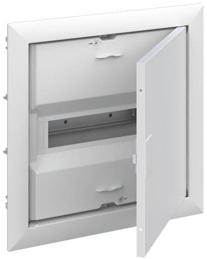 Einweißes, quadratisches Verteilerschrank mit geöffneter, nach links schwenkbarer Tür und zwei Fächern innen.