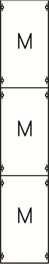 Drei vertikal angeordnete rechteckige Felder mit dem Buchstaben 'M' in jedem Feld und dekorativen Ecken.