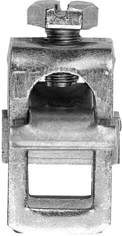 Ein Detailbild eines metallischen Klemmmechanismus mit Schraube und Mutter, möglicherweise Teil eines größeren Geräts.