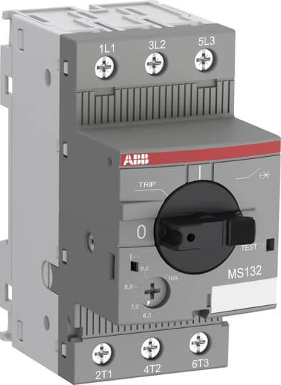 Ein grauer elektrischer Leistungsschalter mit Skala von 0 bis 10A und Testknopffunktion. Herstellerlogo oben, Modellnummer MS132.