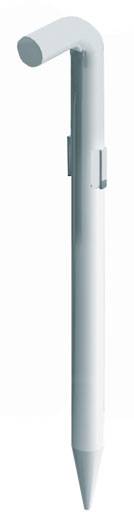 Ein weißer Kugelschreiber mit gebogenem Oberteil, vertikal positioniert.