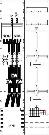 Diagramm eines elektrischen Schaltschrankes mit Sicherungen und Verdrahtung, zeigt die Anordnung und Verbindung der Komponenten.