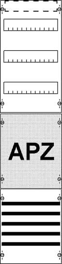 Türschild mit der Aufschrift 'APZ'. Oben drei verschiedene Linienmuster, unten fünf horizontale Balken. Bedeutung unklar.