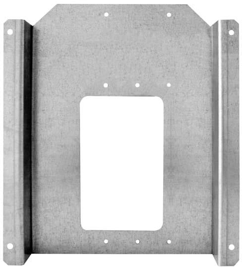 Metallplatte mit rechteckiger, zentraler Aussparung und mehreren kleinen Löchern. Verwendet für industrielle oder technische Anwendungen.
