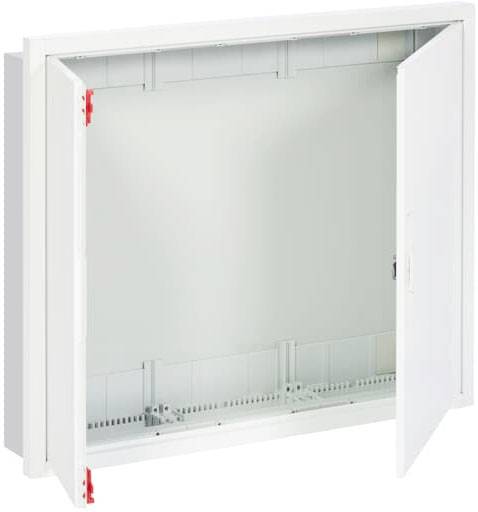 Weißer, geöffneter Metall-Schaltschrank mit zwei Türen, zeigt leeren Innenraum. Ideal für Elektroinstallationen in Gebäuden.