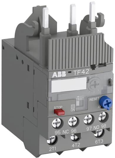 Grau-schwarzes elektrisches Relais von ABB mit Beschriftung 'TF42', verwendet zur Steuerung von Schaltkreisen, mit mehreren Anschlussklemmen.