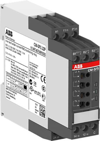 Elektronisches Gerät von ABB zur Stromüberwachung, Modell CM-SFS. ZP, mit mehreren Anschlüssen und Bedienelementen auf der Vorderseite.