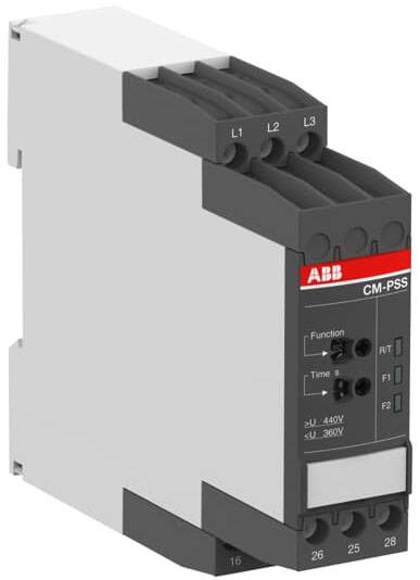 Ein elektronisches Gerät mit dem Logo 'ABB' und Beschriftung 'CM-PSS', zeigt Anschlüsse und Tasten. Verwendet zur Elektroniksteuerung.