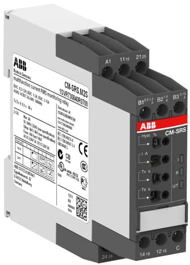 Elektronisches Gerät von ABB zur Spannungsüberwachung, Modell CM-SRS. Enthält Anschlüsse und technische Spezifikationen auf der Vorderseite.