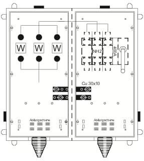 Schaltplan zeigt ein elektrisches Steuerungssystem mit Sicherungen, Schaltern und Kabelverbindungen. Beschriftet mit 