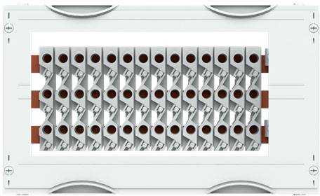 Ein Schaltschrank mit einer Reihe von Schaltern und Verdrahtungskanälen, die in einem rechteckigen Metallgehäuse montiert sind.