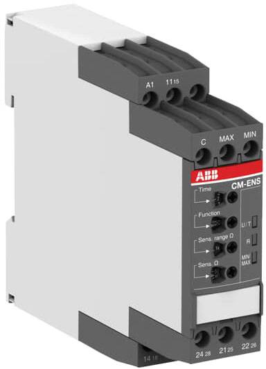 Industrielles Zeitrelais: ABB CM-ENS Schrack Relais mit einstellbaren Funktionen für Zeit, Empfindlichkeit und Modus.