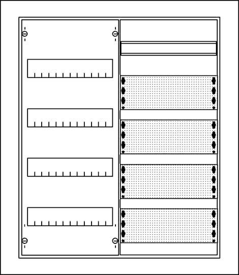 Elektrische Schalttafel mit mehreren Schaltern links und Sicherungsreihen rechts. Strukturiertes Layout zur Organisation der Elektrik.