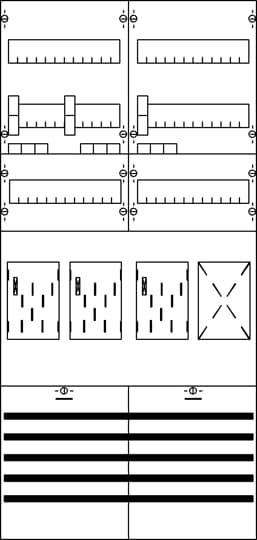 Technische Zeichnung eines Verteilerkastens mit mehreren Schaltkreisen, Schaltern und Sicherungen in einem rasterartigen Layout.