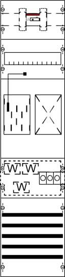 Technische Diagrammzeichnung: zeigt verschiedene schematische Komponenten und Symbole, möglicherweise für ein elektrisches oder mechanisches System.