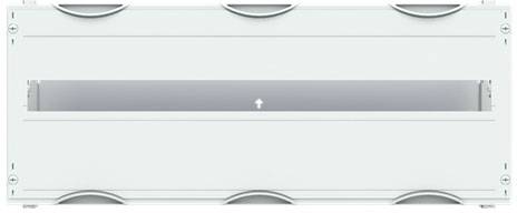 Grauer, rechteckiger Gehäusekasten mit einer langen, schmalen Öffnung, fünf Schrauben und einer kleinen Pfeilmarkierung in der Mitte.