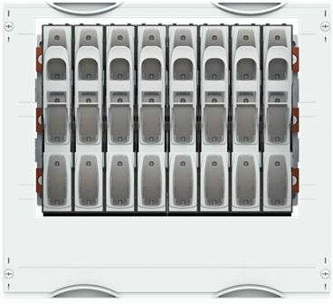 Ein Sicherungskasten mit mehreren Kippschaltern, symmetrisch angeordnet, zeigt ein Verteilerpanel für elektrische Schaltungen.