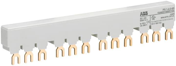 Ein graues ABB-Stromschienensystem mit neun Kupferverbindungen, verwendet zur Verteilung von elektrischem Strom in Schalttafeln.