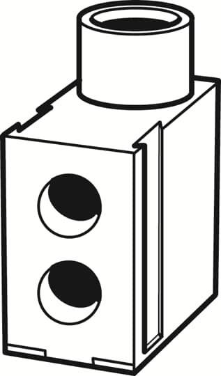 Zeichnung eines mechanischen Bauteils mit zwei runden Öffnungen und einer zylindrischen Erhebung oben.