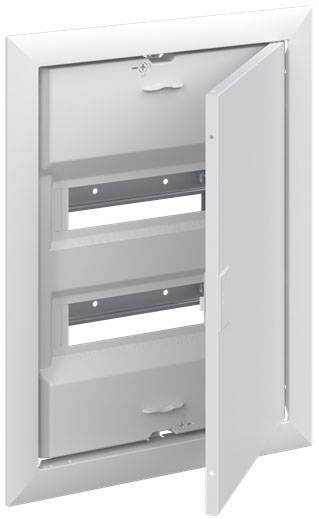 Weißer Schaltkasten mit geöffneter Tür, zeigt Innenseite und zwei leere Einbauschächte, geeignet für Elektroinstallationen.