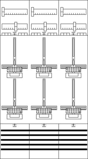 Diagramm eines Codeschlosses mit sechs Schiebern und entsprechenden Skalen. Enthält numerische Indikatoren für präzise Einstellungen.