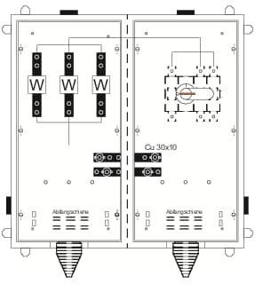 Diagramm eines elektrischen Schaltschranks mit Beschriftungen 'Abgangsschiene', Schaltermarkierungen und Anschlüssen.