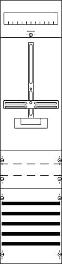 Technische Skizze eines mechanischen Aufbaus mit Längenmaßstab oben, Mittelteilen mit Schiebemechanismus und unteren horizontalen Streifen.