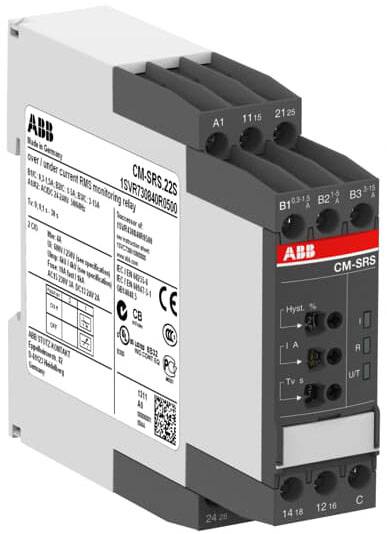 'CM-SRS 22S' Relais von ABB für Stromüberwachung. Zeigt Anschlüsse, Markenlogo und technische Details auf dem Gehäuse.