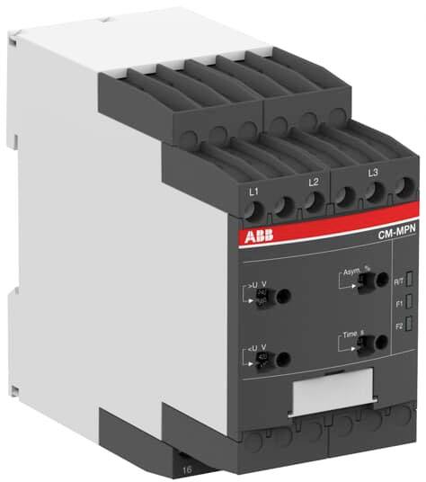 Schwarz-graues ABB CM-MPN Relaisgerät mit mehreren Anschlüssen und Tasten an der Vorderseite zur Steuerung elektrischer Systeme.