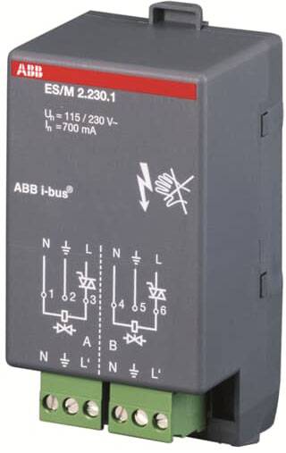 Elektrisches Gerät von ABB, kennzeichnet Stromeigenschaften mit Symbolen und Warnung vor elektrischem Schlag. Model: ES/M 2.230.1.