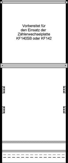 Schaltkasten-Gehäuse mit Aufschrift 'Vorbereitet für den Einsatz der Zählerwechselplatte KF140SB oder KF142'.