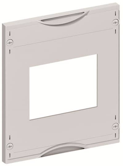 Quadratische Abdeckplatte mit Mittelöffnung für Steckdosen oder Schalter, in beige, mit vier runden Befestigungspunkten an den Ecken.